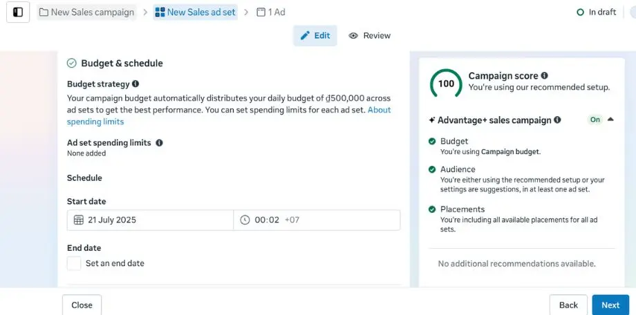 Set Budget and Schedule: Choose a daily or lifetime budget, and also set your start and end dates